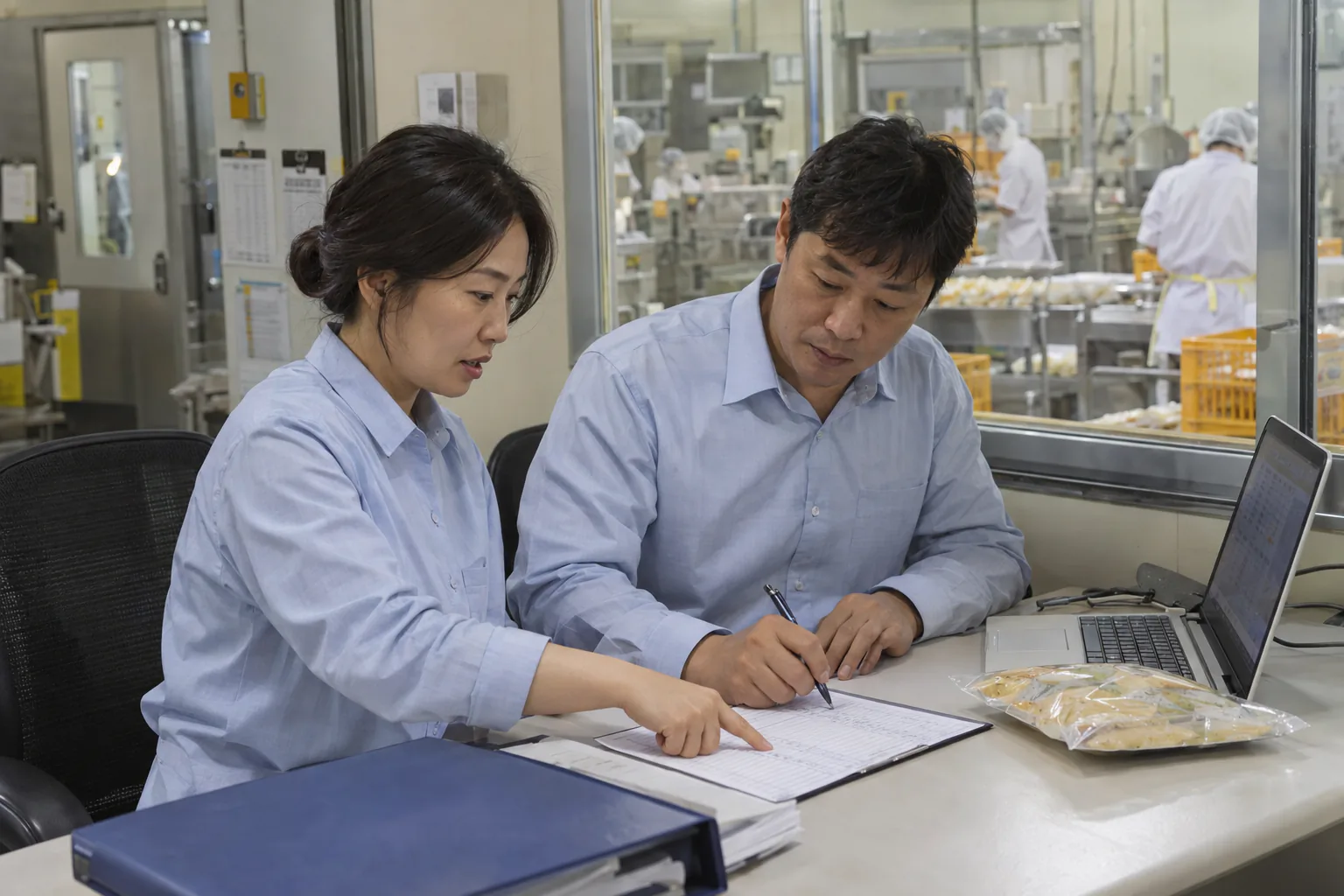 생산 담당자와 점검 기록을 검토하는 식품안전 컨설턴트