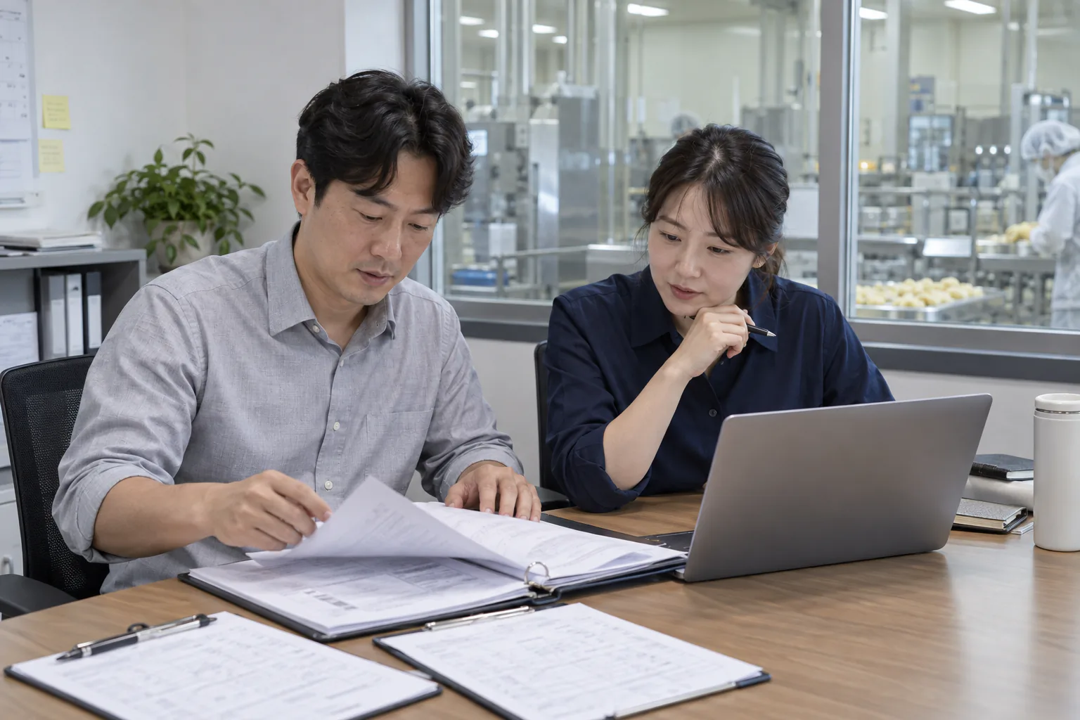 제조 현장과 연결된 회의실에서 인증 심사 자료를 검토하는 담당자들
